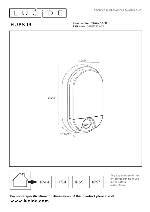 Lucide HUPS IR - Wandlamp Binnen/Buiten - LED - 1x10W 3000K - IP54 - Beweging & dag/nacht sensor - Wit - technisch